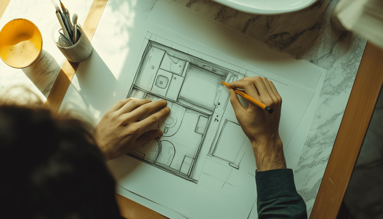 Handen tekenen een badkamerontwerp op papier met plattegrond, potlood en materialen op een marmerlook werkblad.