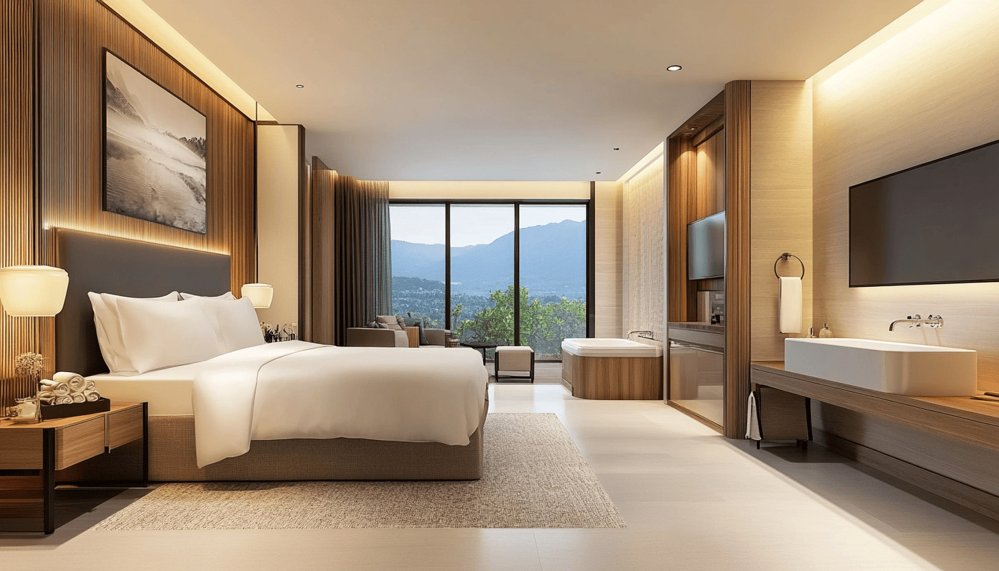 Luxe hotelkamer met open badkamer, vrijstaand bad, dubbele wastafel, houten wandpanelen en uitzicht op de bergen.