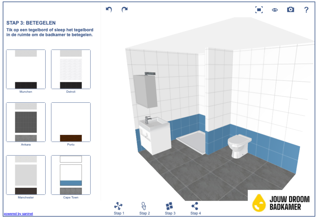 3D badkamerplanner met tegelselectie voor wand- en vloertegels in een moderne badkamerindeling.