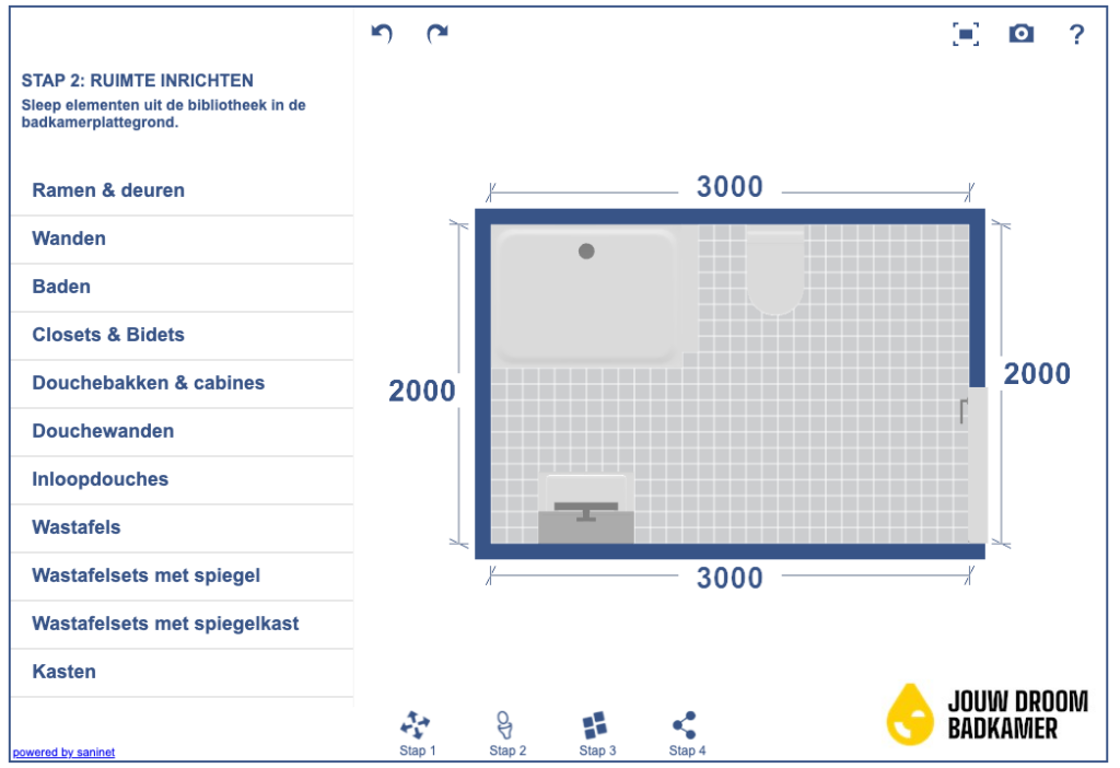 Digitale badkamerplanner met badkamerindeling inclusief bad, toilet en wastafel in een rechthoekige ruimte.