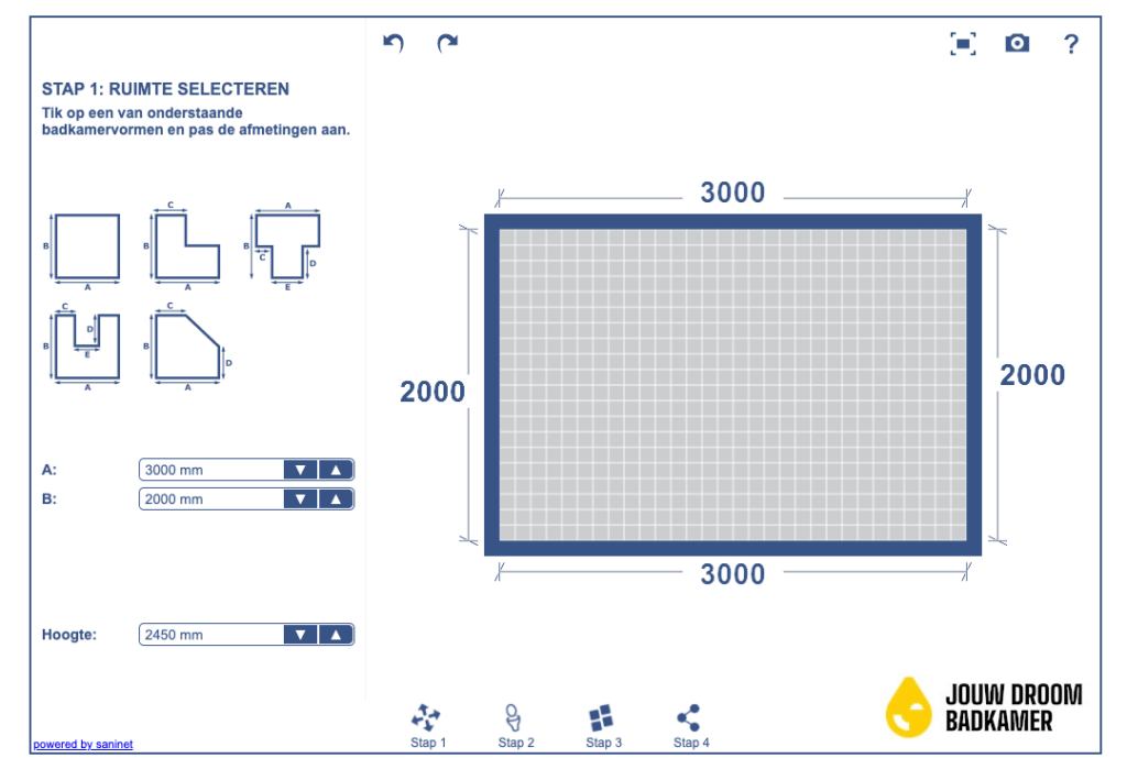 3D badkamerplanner met rechthoekige badkamerindeling en afmetingen van 3000 bij 2000 millimeter.