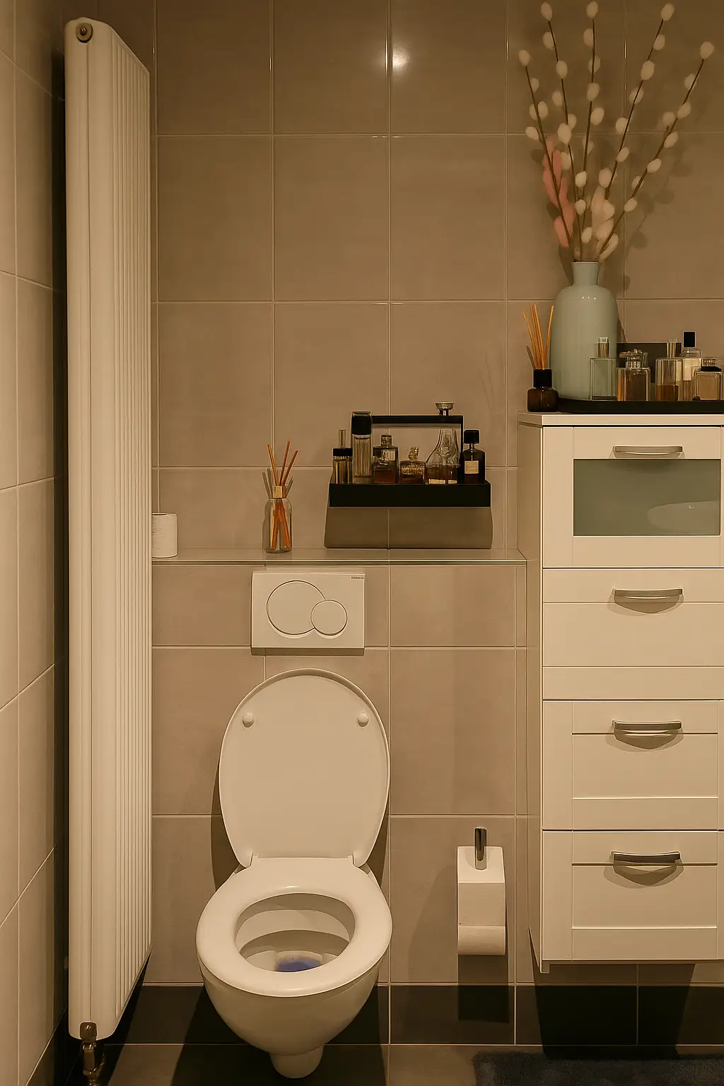 Moderne toiletruimte met beige wandtegels, witte designradiator en stijlvolle badkameraccessoires.