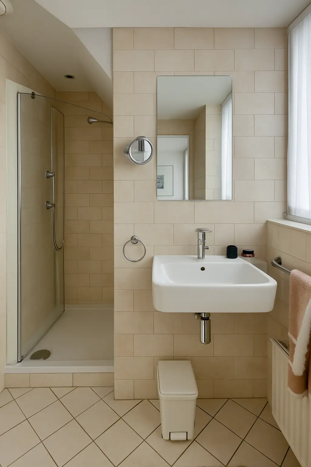 Lichte badkamer met beige wandtegels, compacte wastafel en douchecabine.