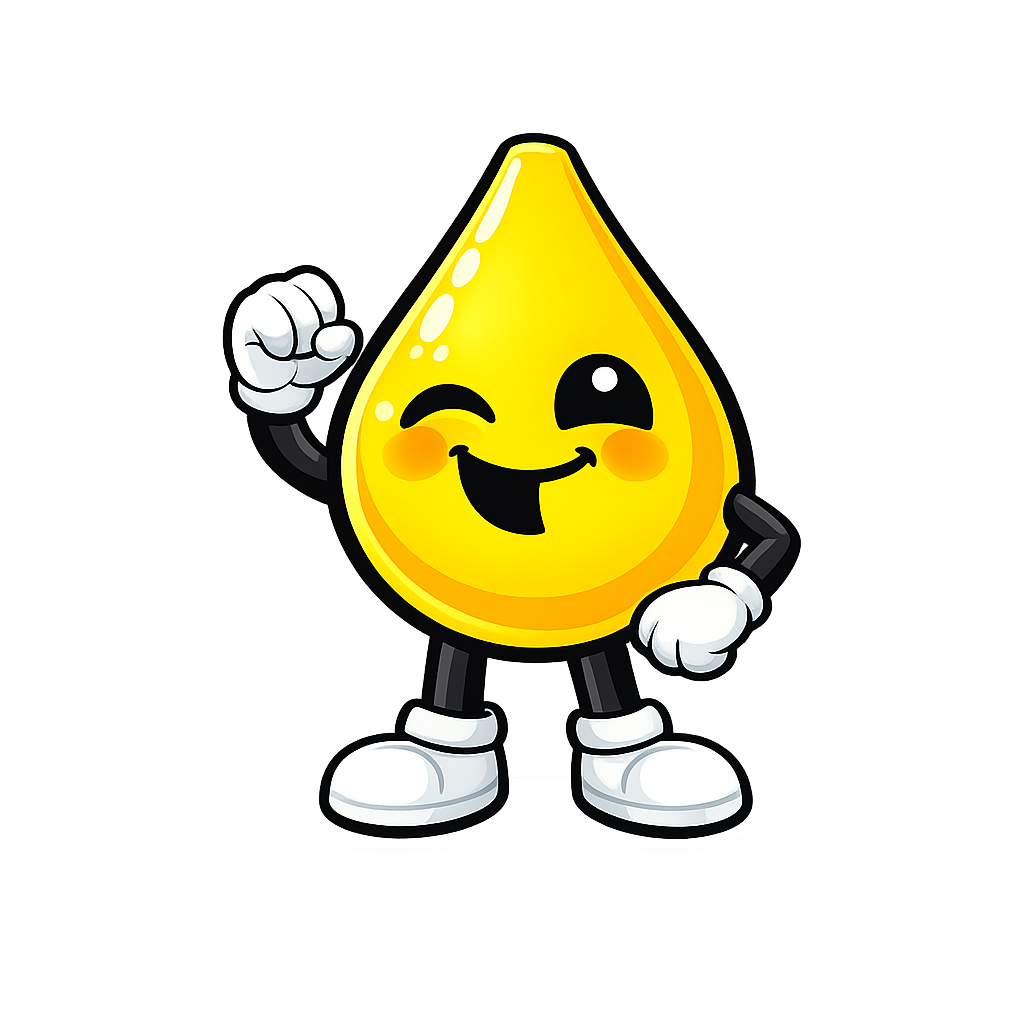 Vrolijke gele druppelmascotte van Jouw Droom Sanitair op een transparante achtergrond.