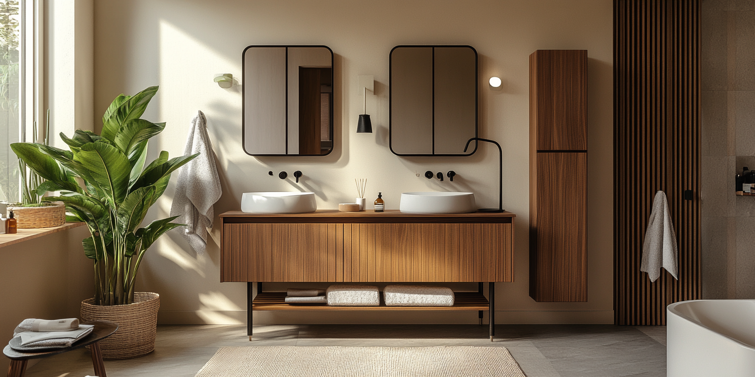 Luxe badkamer met houten dubbel badkamermeubel, twee waskommen, zwarte kranen en veel natuurlijk licht.