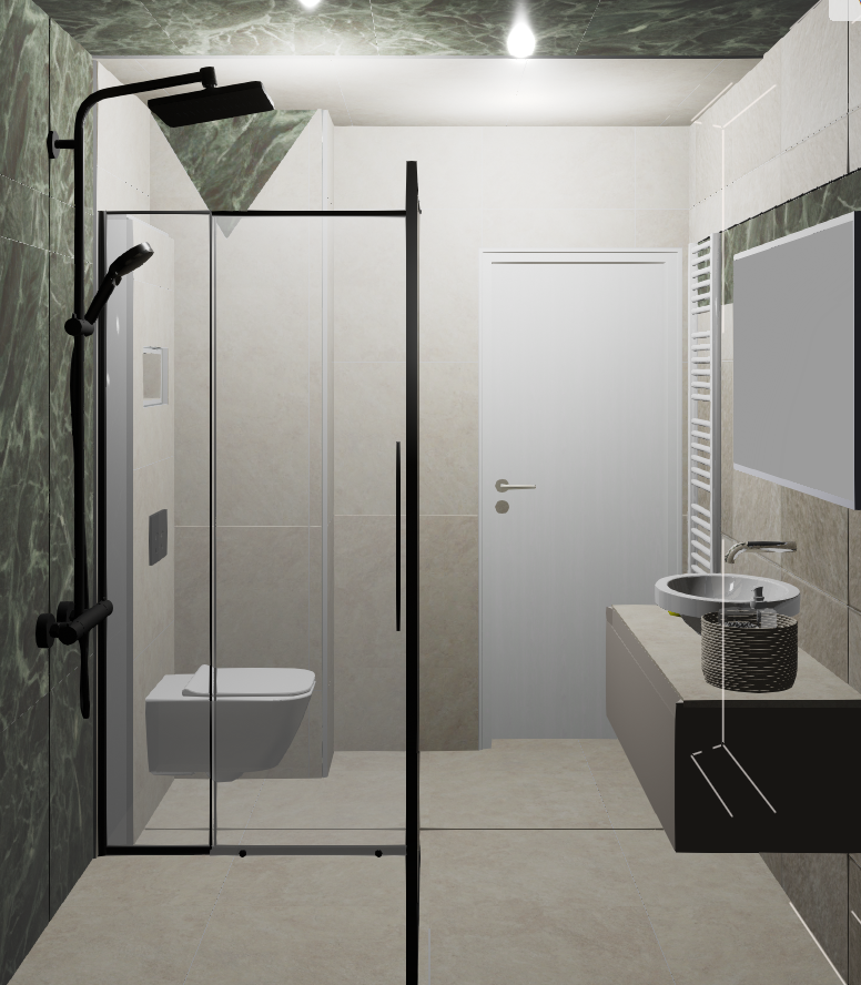 Moderne badkamer met zwarte inloopdouche en marmerlook plafond